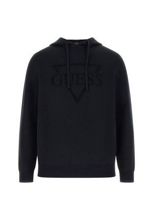 Zwarte hoodie met een voorzak in kangoeroestijl, trekkoorden en een gestructureerd, ton-sur-ton "GUESS" logo in een driehoekpatroon op de borst.