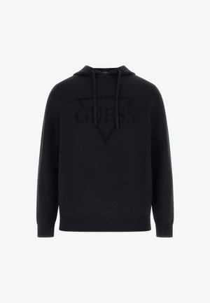 Črna kapuca s sprednjim kenguru žepom, vrvicami in strukturnim, toniranim logotipom "GUESS" v trikotničenem vzorcu na prsih.