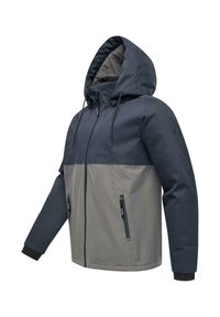Giacca cappuccio bicolore blu e grigia con zip frontale, tasche laterali con zip e lacci regolabili sulla cappuccio.