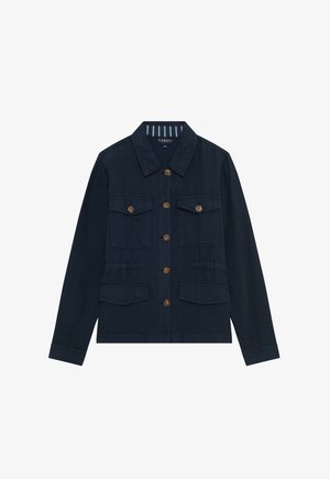 Marineblaues Jacket aus Baumwolle mit einer Knopfleiste. Verfügt über zwei Brusttaschen, zwei Seitentaschen und ein klassisches Kragen-Design.
