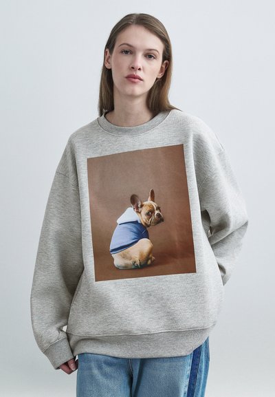 Felpa grigia in tessuto misto cotone con una grande stampa di un bulldog francese con felpa blu su sfondo marrone.