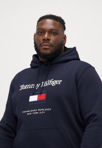 Kék kapucnis pulóver húzózsinórral. A mellrészen hímzett "Tommy Hilfiger" felirat és piros, fehér, valamint kék színű zászló grafika található.