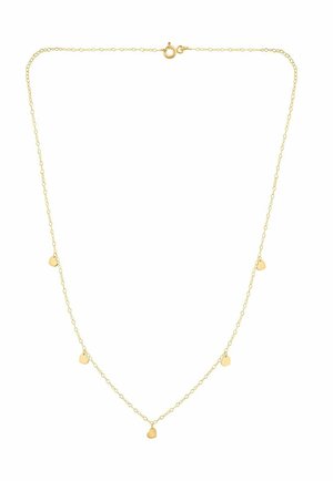Collier délicat en chaîne dorée avec cinq petites breloques en forme de cœur réparties régulièrement et un fermoir à ressort.