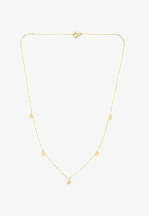 Delikatna ogrlica od zlatnog lanca s pet ravnomjerno raspoređenih malih privjesaka u obliku srca i kopčom na oprugu.