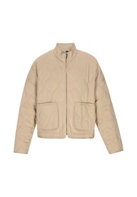 Beige gep quiltete Jacke mit hohem Kragen, vorderem Reißverschluss und zwei großen aufgesetzten Taschen. Weiche Textur und durchgängiges rundes Muster.