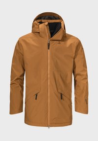 Water-resistant, brown jacket with a front zipper, adjustable hood, and zippered pockets. Features a smooth, durable texture and sleek design.