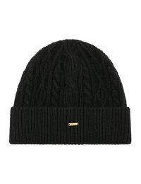 Zwarte gebreide beanie met een kabelbrei-patroon, voorzien van een omgevouwen geribbelde rand en een klein gouden metalen logo-accent.