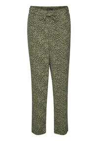 Lichtgroene, relaxed-fit broek met een zwart luipaardpatroon. Ze hebben een elastische tailleband met een trekkoord en rechte pijpen.
