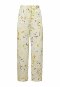 Un pantalon léger à imprimé floral présente un fond jaune pâle avec des accents violets et oranges, une taille à cordon de serrage et une coupe décontractée.