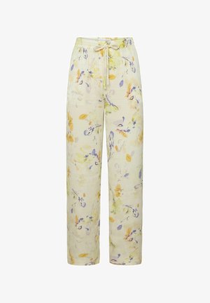 Lengvi, gėlių rašto kelnių dizainas su šviesiai geltonu fonu, melsvais ir oranžiniais akcentais, su raišteliu juosmens srityje ir laisvu siluetu.