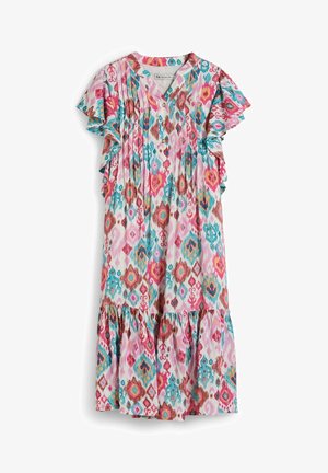 Vestito a stampa ikat colorata, lungo fino al ginocchio, con maniche corte a sbuffo, scollo a V e dettaglio arricciato all'orlo.