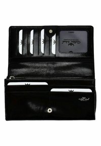 Cartera de cuero negro con múltiples ranuras para tarjetas, una ventana transparente para identificación y un bolsillo con cierre. Textura suave y cierre a presión.