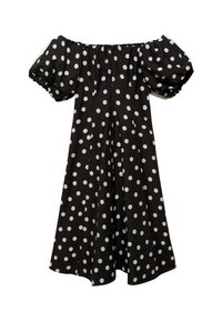 Rochie neagră fără umeri, cu buline albe, mâneci bufante și o siluetă fluidă. Fabricată dintr-un material ușor, cu o textură fină.