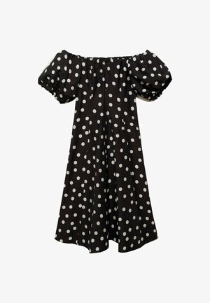 Crna haljina bez naramenica s velikim bijelim točkama, naboranim kratkim rukavima i lepršavim krojem dužine do koljena.