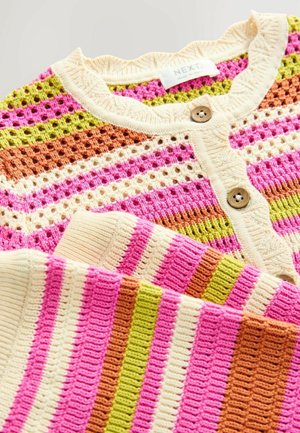 Cardigan tricotat cu un amestec de culori vibrante: roz, verde, crem și maro, cu un design texturat și două butoane din lemn în față.