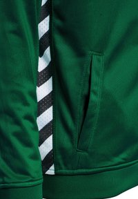 Zielona sportowa kurtka z kieszenią boczną, z paskowanym czarno-białym panelem z siateczki. Gładka tekstura i elastyczne mankiety.