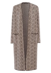 Długi, otwarty kardigan w plecionym materiale w beżowo-czarną mozaikę. Posiada dwie przednie kieszenie oraz gładką fakturę z kontrastowymi wykończeniami.