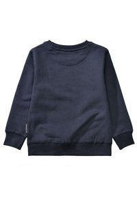 Sudadera azul marino con escote redondo y puños de canalé. Presenta una textura suave y detalles de costura mínimos.