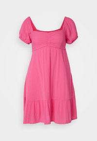 Rožinė trumpomis rankovėmis suknelė su kvadratiniu iškirpimu, susirinkta viršus ir sijonas, kuris yra platėjantis su pūkuota apdaila. Lengvas audinys.