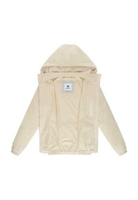 Beige gewatteerde jas met een gladde textuur, elastische manchetten en een volledige ritssluiting. De binnenkant heeft een label en een zijzak.