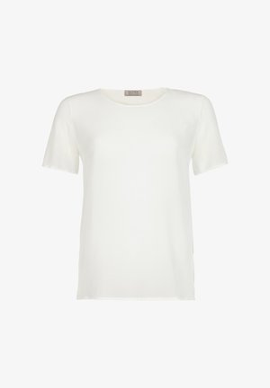 Biały t-shirt z krótkim rękawem wykonany z gładkiego materiału, posiadający okrągły dekolt i luźny krój, bez wzorów czy akcentów.