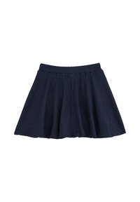 Marinblå skaterkjol i texturerad tyg, med en bred midjeband och en utsvängd silhuett med en mjuk, lager-på-lager-look.