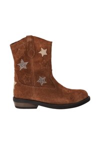 Bruine suède enkelboot met zilveren en tan ster appliqués en stiksels. Ronde neus en lage hak met een gegroefde rubberen zool.