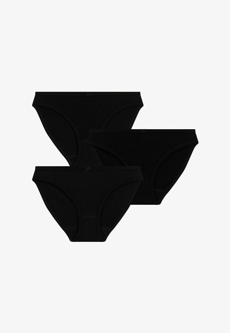 Zwarte vrouwenonderbroeken in een verpakking van drie. Ontworpen met een gladde textuur, lage taille en elastische taillebanden. Geen zichtbare patronen of accenten.