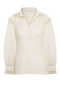Kremowa bluzka z lekkiego materiału, z paskami plisowanymi, rozciętym dekoltem i marszczonymi długimi rękawami z koronkowymi i mankietowymi detalami.