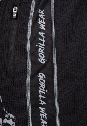 Black athletic shorts with a textured fabric, featuring a zippered pocket and white "GORILLA WEAR" logo along the side.