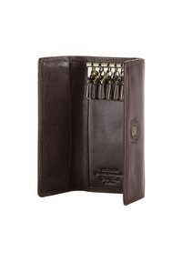 Porte-clés en cuir marron avec une texture lisse, comportant six crochets métalliques, un logo en relief et un design intérieur épuré et minimaliste.
