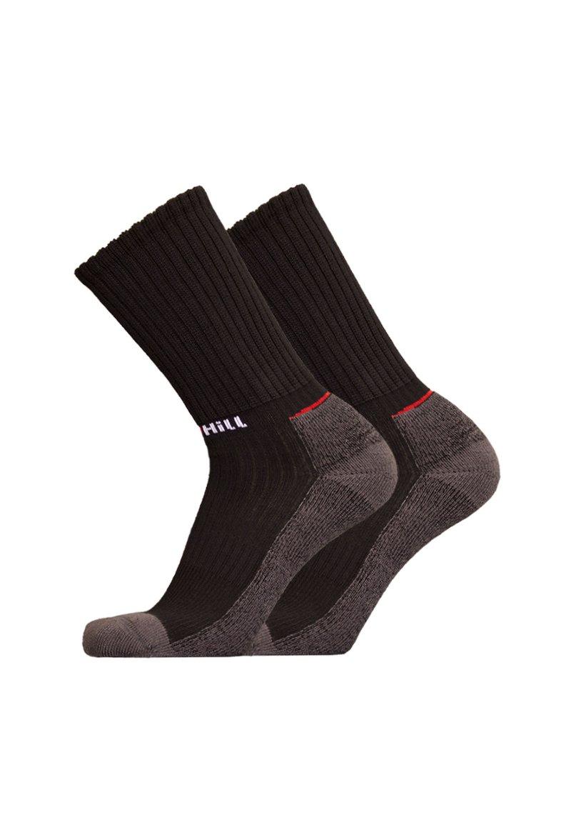 Black ribbed socks with reinforced gray heel and toe. Features a red accent and contrasting logo. Material appears soft and durable.