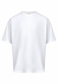 T-shirt blanc à manches courtes avec un col rond, fabriqué en coton doux, offrant une coupe décontractée et sans motifs ni graphiques visibles.
