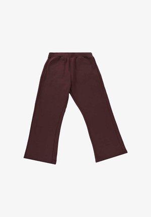 Dark maroon wide-leg sweatpants with elastic waistband and side pockets, laid flat on white background.