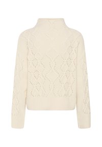 Pull tricoté couleur crème avec col montant et motifs complexes en dentelle en forme de losange sur les manches et le corps.