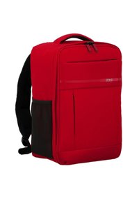 Rode rugzak met een strakke, rechthoekige vorm, voorzien van een voorvak, zwarte accenten en gewatteerde schouderbanden voor extra comfort. Ritssluiting.