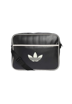 Sac d'épaule rectangulaire noir avec bordure blanche, poche avant, sangle noire réglable et logo blanc sur la poche avant.
