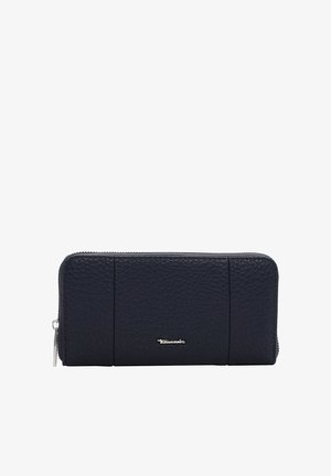 Portefeuille en cuir bleu foncé avec une finition texturée, fermeture éclair, trois emplacements pour cartes et un accent logo argenté sur le devant.