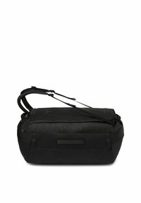 Schwarze Reisetasche mit rechteckiger Form, aus strapazierfähigem Material, mit Seitenträgern, einem oberen Griff und einer großen Reißverschlussöffnung.