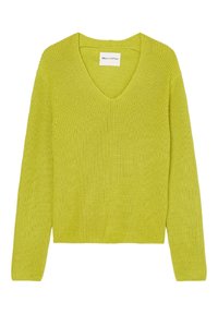 Maglione lavorato a maglia verde lime con scollatura a V, maniche lunghe e texture a coste; etichetta visibile al colletto.
