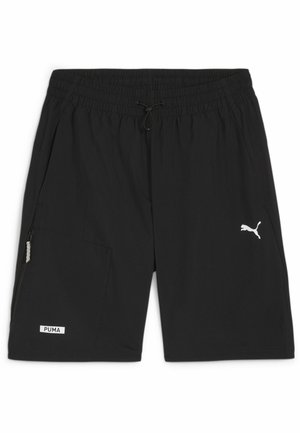 Czarne sportowe szorty z elastycznym paskiem w talii i sznurkiem do regulacji. Posiadają zamykaną na zamek boczną kieszeń oraz białe logo Puma z przodu.