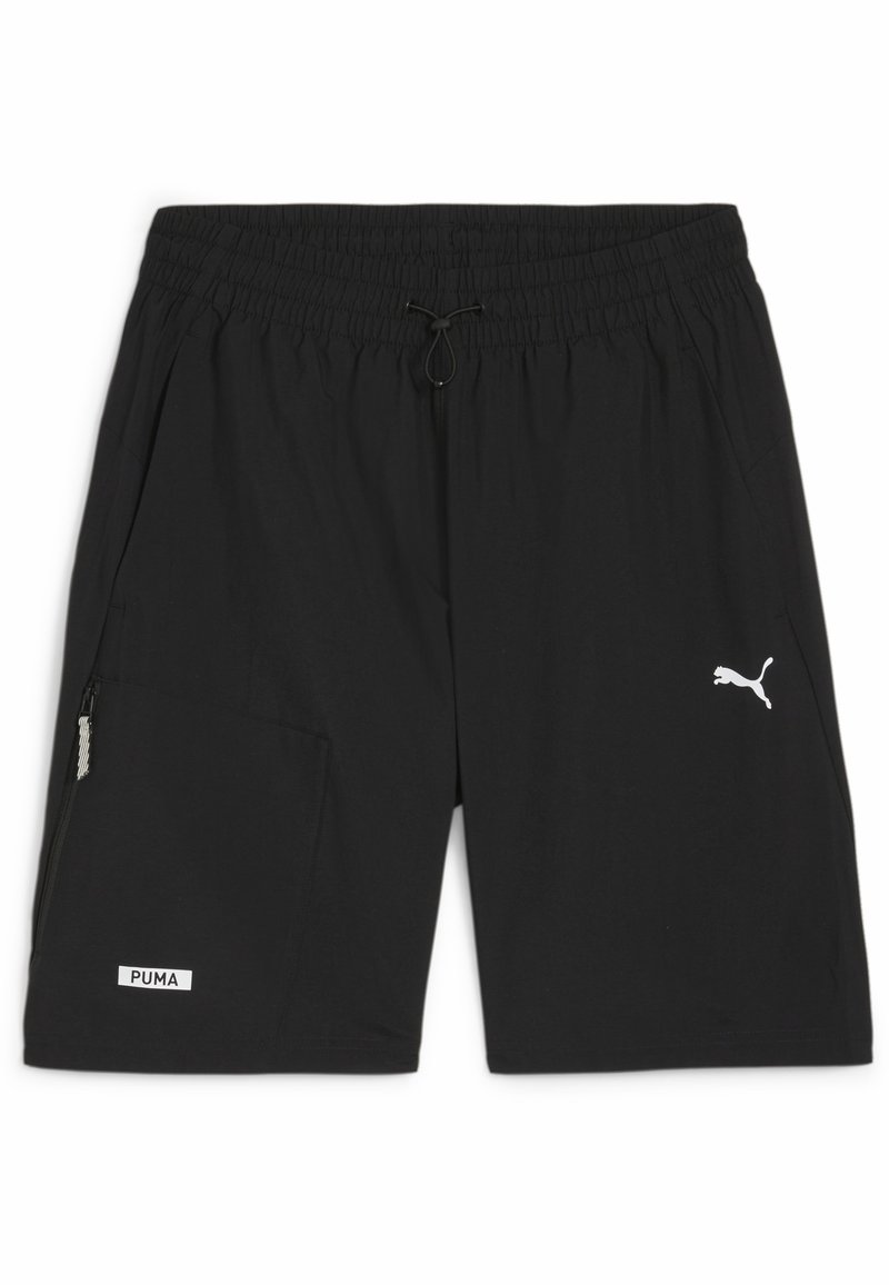 Pantalones cortos deportivos negros con cintura elástica y cordón. Presentan un bolsillo lateral con cremallera y el logotipo de Puma en blanco en la parte frontal.
