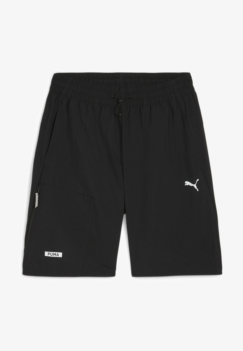 Pantalones cortos deportivos negros con cintura elástica y cordón. Presentan un bolsillo lateral con cremallera y el logotipo de Puma en blanco en la parte frontal.