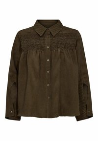 Olīvu zaļš pogājams krekls ar ribotu tekstūru, ar smockētu detaļu krūtīs un garām piedurknēm ar pogājamiem aprocēm.