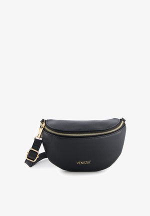 Black leather crossbody bag with a rounded shape, gold zipper closure, adjustable strap, and embossed "VENEZIA" logo on the front.