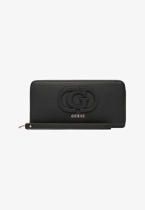 Portefeuille en cuir noir avec finition texturée, présentant un logo embossé et un nom de marque doré. Comprend une sangle pour le poignet pour plus de praticité.