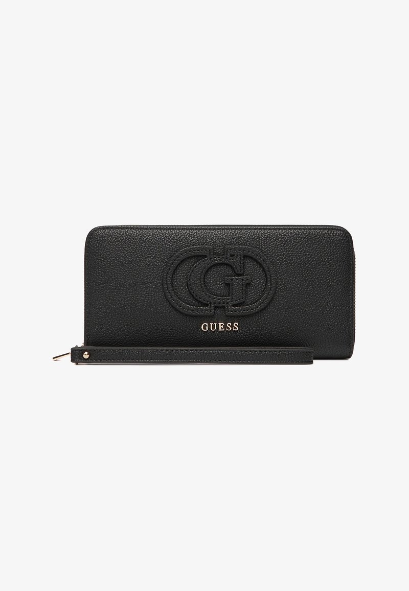 Black leather wallet with textured finish, featuring an embossed logo and gold-tone brand name. Includes a wrist strap for convenience.