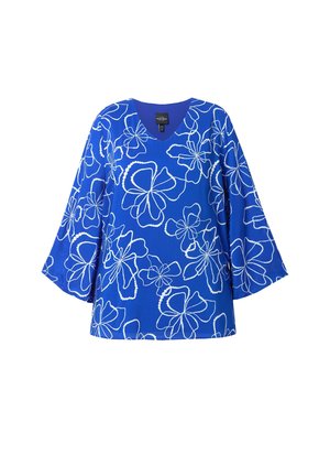 Niebieska tunika z dekoltem w kształcie V i dzwonowymi rękawami, zdobiona białymi kwiatowymi wzorami na całej powierzchni. Wykonana z lekkiego materiału.