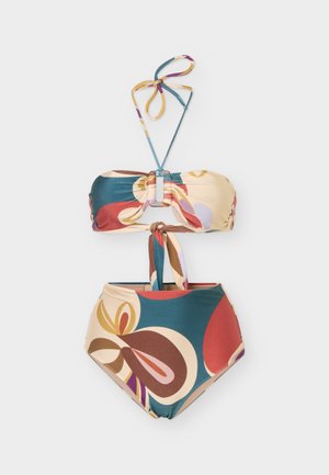 Dvodelni bikini z ovratnikom in hlačkami z visokim pasom, z večbarvnimi abstraktnimi cvetličnimi vzorci v bež, modrozeleni, rdeči in rjavi barvi.