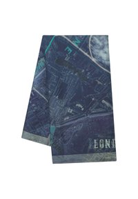 Bufanda azul y verde con un mapa detallado de Londres, con etiquetas de texto y puntos de referencia, en un tejido suave y suave. Forma rectangular.